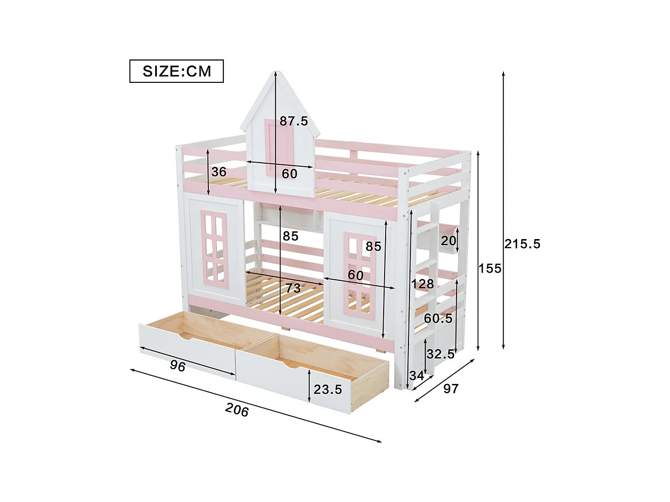 Lit jeune lit 90x200 cm lit superposé avec toit et fenêtre lit double avec 2 tiroirs pin blanc+rose