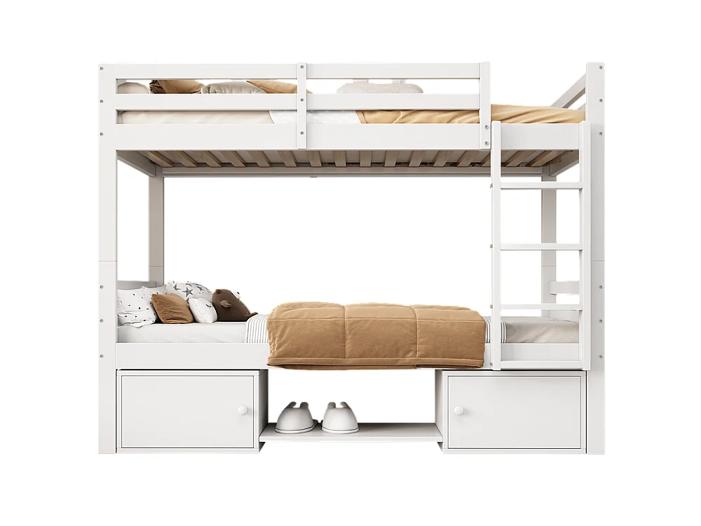Lit d'enfant 90x200cm en bois de pin massif - lit superposé avec étagères à chaussures et casiers - lit cabane avec 2 lits simples - blanc