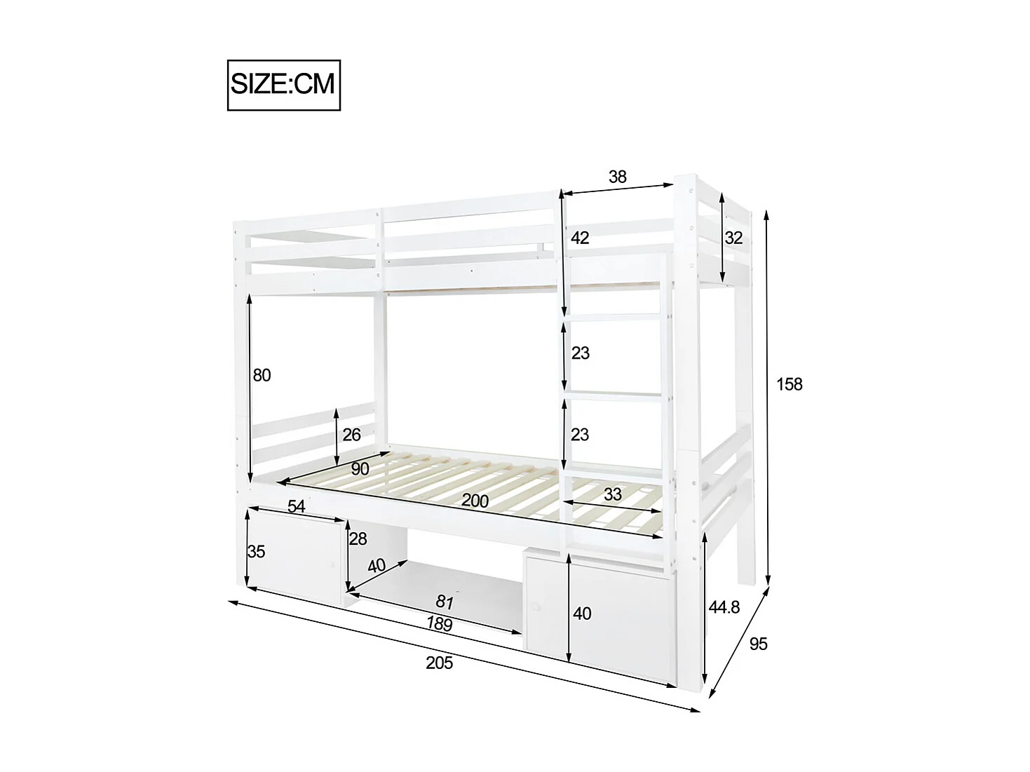 Lit d'enfant 90x200cm en bois de pin massif - lit superposé avec étagères à chaussures et casiers - lit cabane avec 2 lits simples - blanc