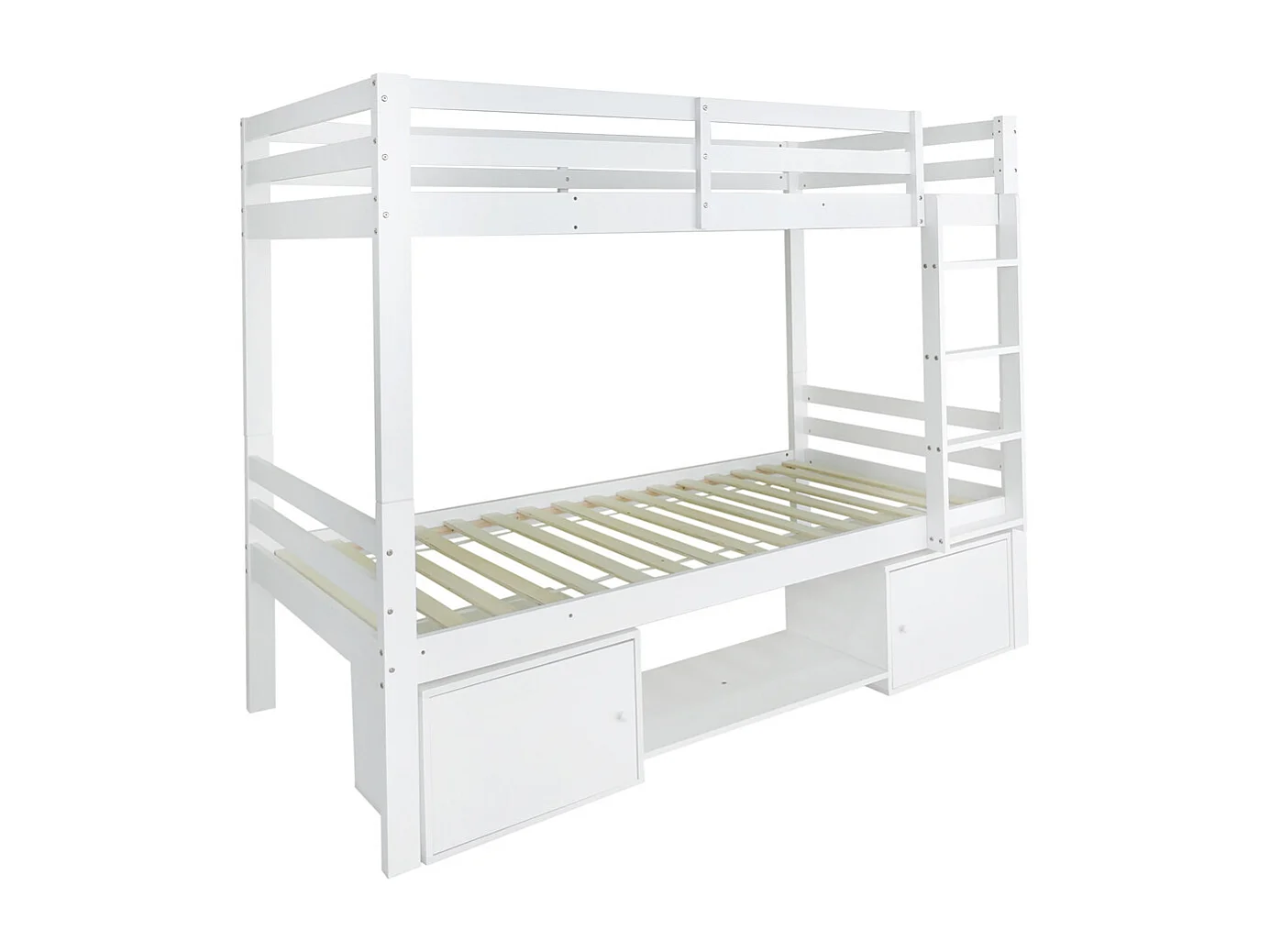 Lit d'enfant 90x200cm en bois de pin massif - lit superposé avec étagères à chaussures et casiers - lit cabane avec 2 lits simples - blanc