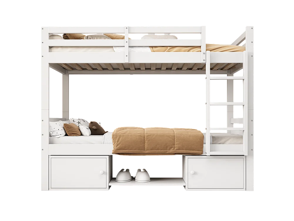 Lit d'enfant 90x200cm en bois de pin massif - lit superposé avec étagères à chaussures et casiers - lit cabane avec 2 lits simples - blanc