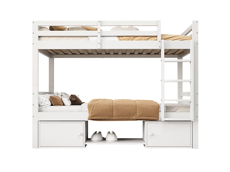 Lit d'enfant 90x200cm en bois de pin massif - lit superposé avec étagères à chaussures et casiers - lit cabane avec 2 lits simples - blanc