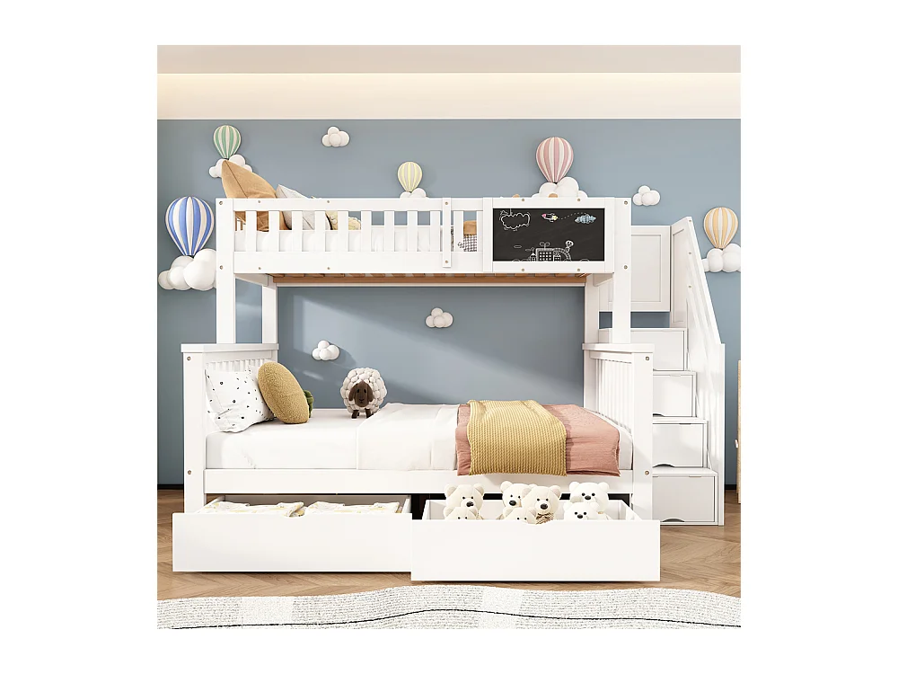Lit superposé 90x200+140x200cm, lit double, lit enfant multifonctionnel, avec tableau noir et tiroirs, sans matelas, bois massif, blanc