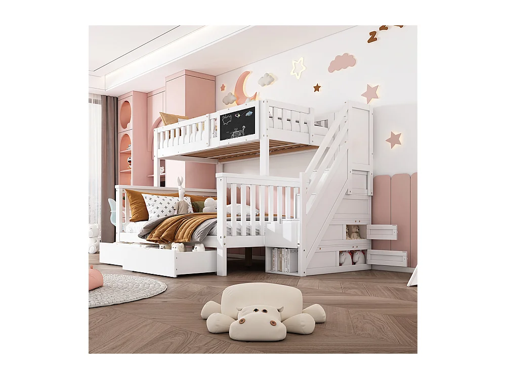 Lit superposé 90x200+140x200cm, lit double, lit enfant multifonctionnel, avec tableau noir et tiroirs, sans matelas, bois massif, blanc