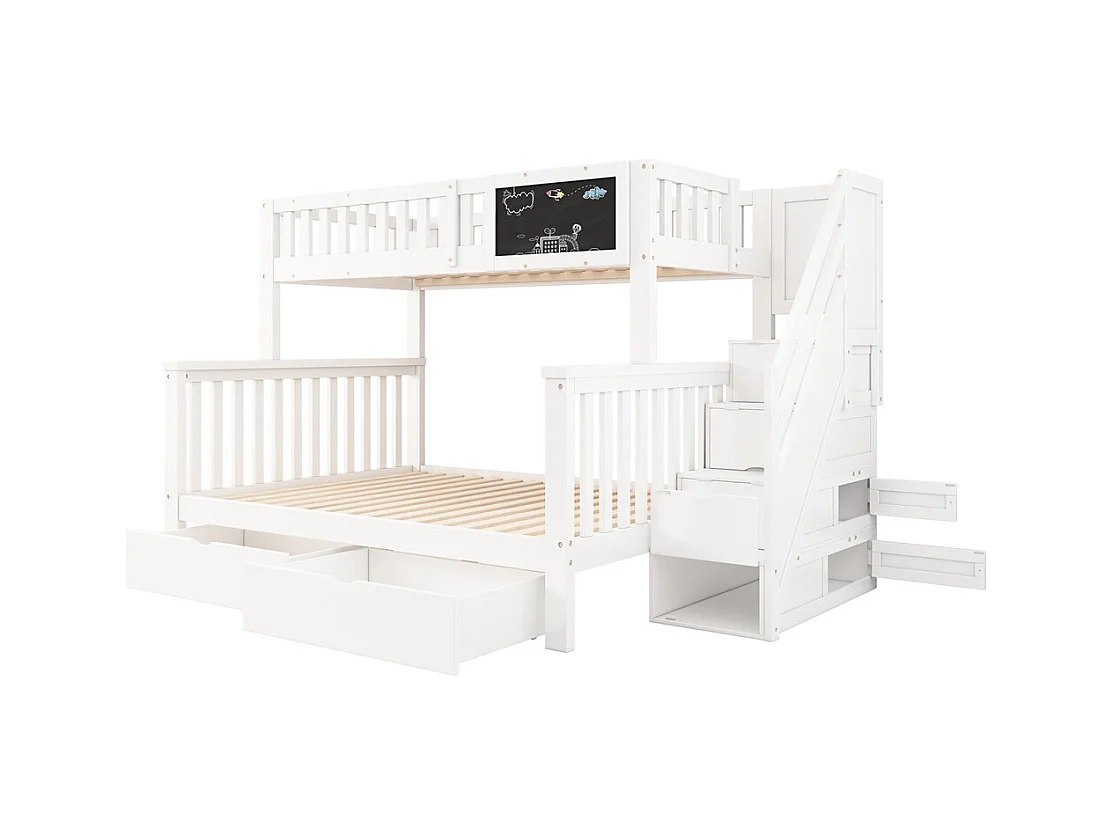 Lit superposé 90x200+140x200cm, lit double, lit enfant multifonctionnel, avec tableau noir et tiroirs, sans matelas, bois massif, blanc