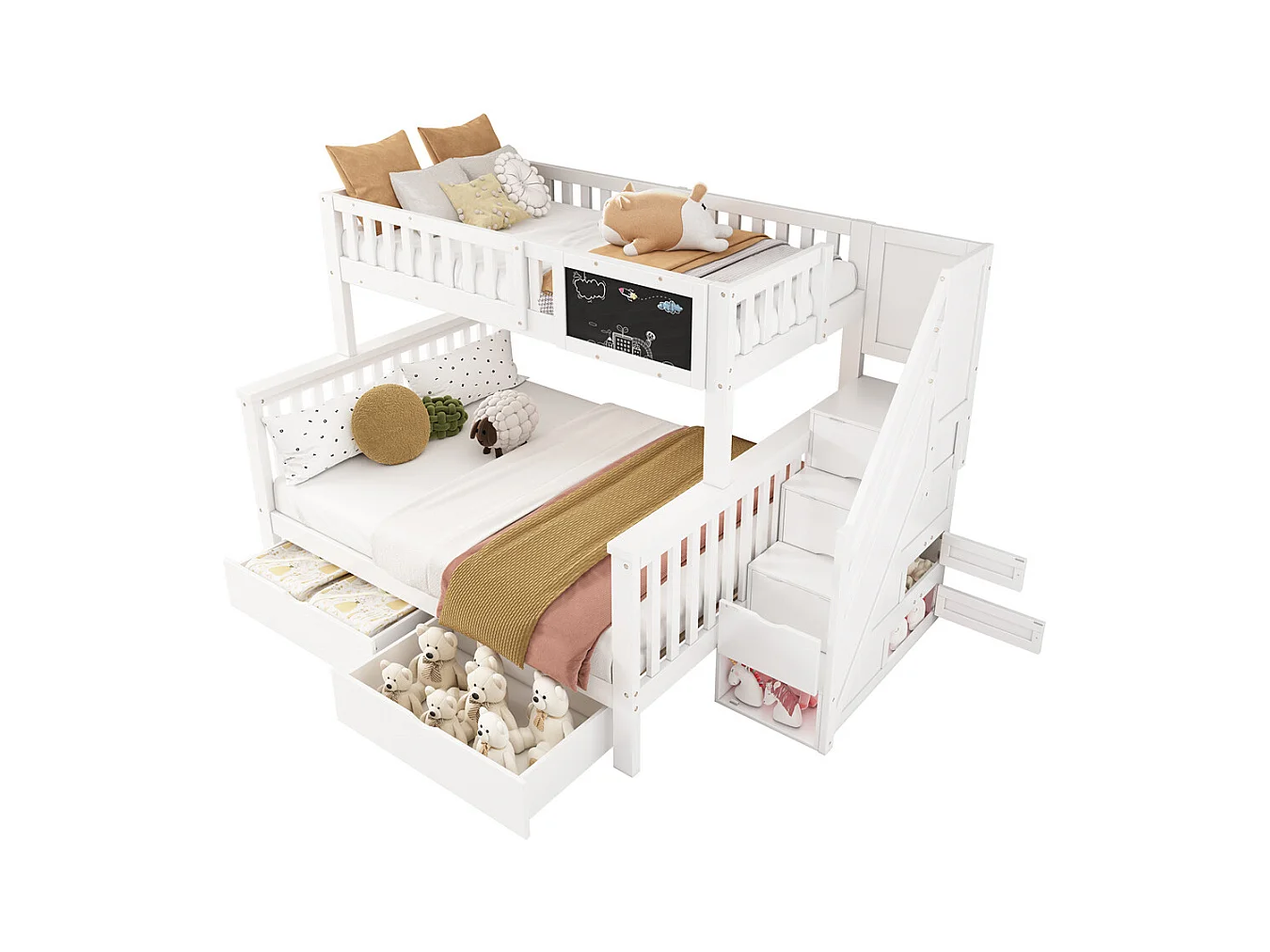 Lit superposé 90x200+140x200cm, lit double, lit enfant multifonctionnel, avec tableau noir et tiroirs, sans matelas, bois massif, blanc