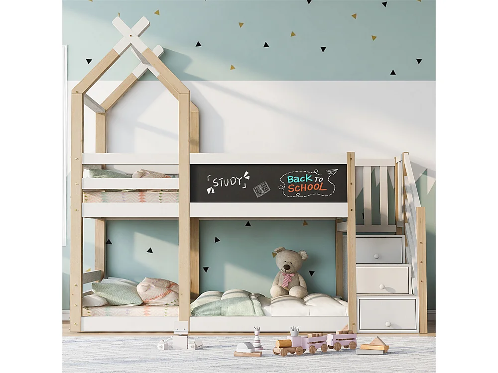 Lit superposé 90x200cm, lit enfant avec tableau noir, rangement et protection antichute, lit mezzanine - 2x sommiers à lattes - naturel et blanc, sans matelas