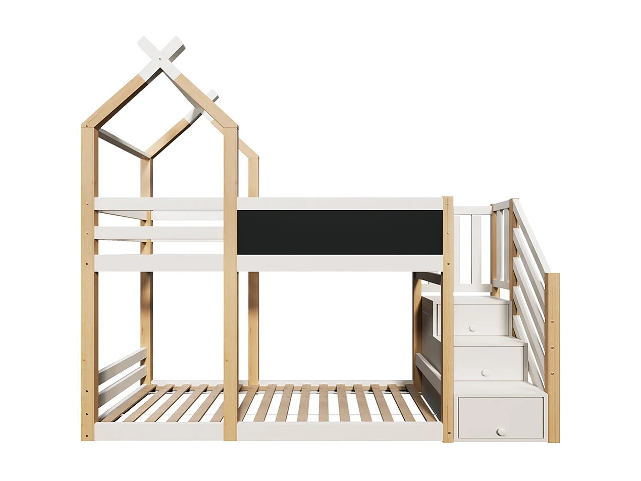 Lit superposé 90x200cm, lit enfant avec tableau noir, rangement et protection antichute, lit mezzanine - 2x sommiers à lattes - naturel et blanc, sans matelas