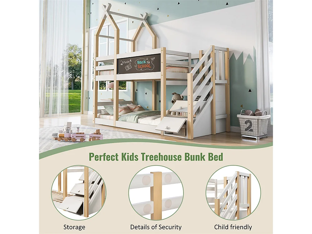 Lit superposé 90x200cm, lit enfant avec tableau noir, rangement et protection antichute, lit mezzanine - 2x sommiers à lattes - naturel et blanc, sans matelas