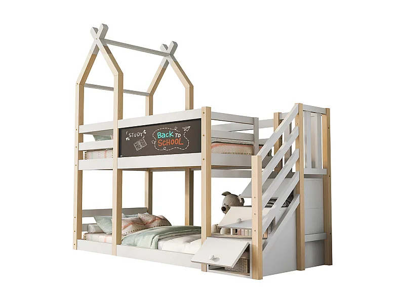 Lit superposé 90x200cm, lit enfant avec tableau noir, rangement et protection antichute, lit mezzanine - 2x sommiers à lattes - naturel et blanc, sans matelas