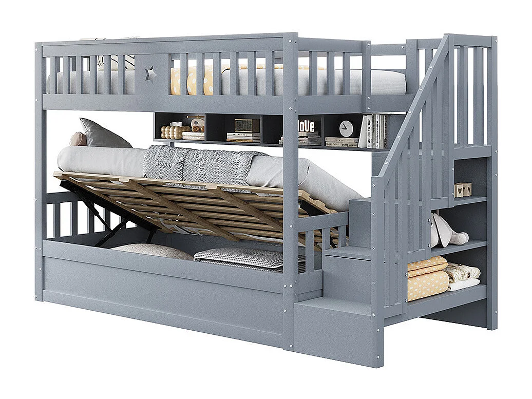 Lit surélevé 90x200cm, sous lit hydraulique, avec escalier de rangement et étagères, lit superposé, lit jeune, bois de pin, gris