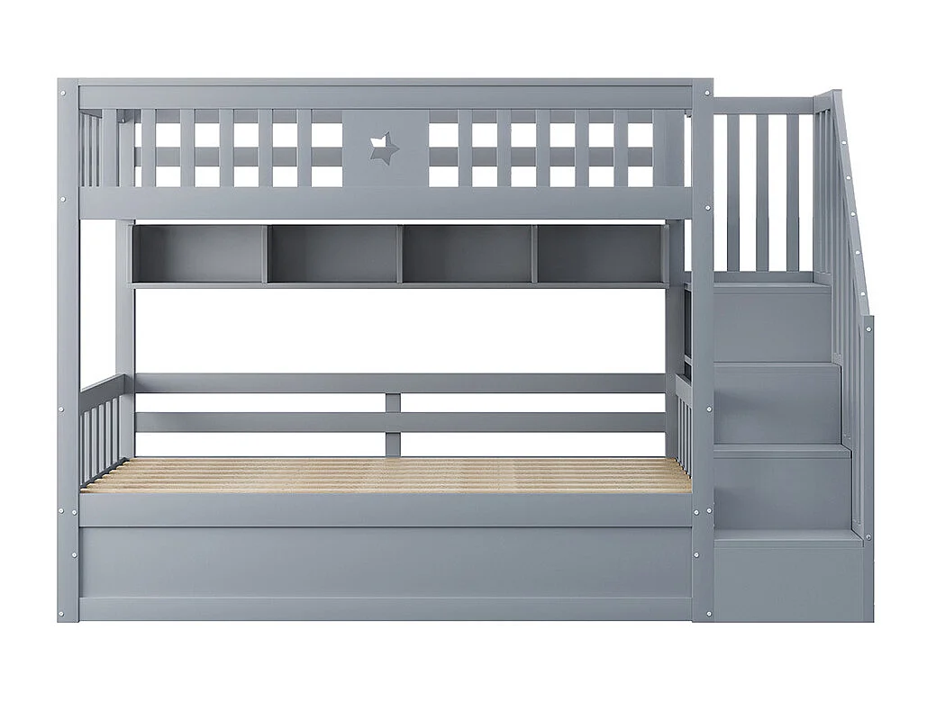 Lit surélevé 90x200cm, sous lit hydraulique, avec escalier de rangement et étagères, lit superposé, lit jeune, bois de pin, gris