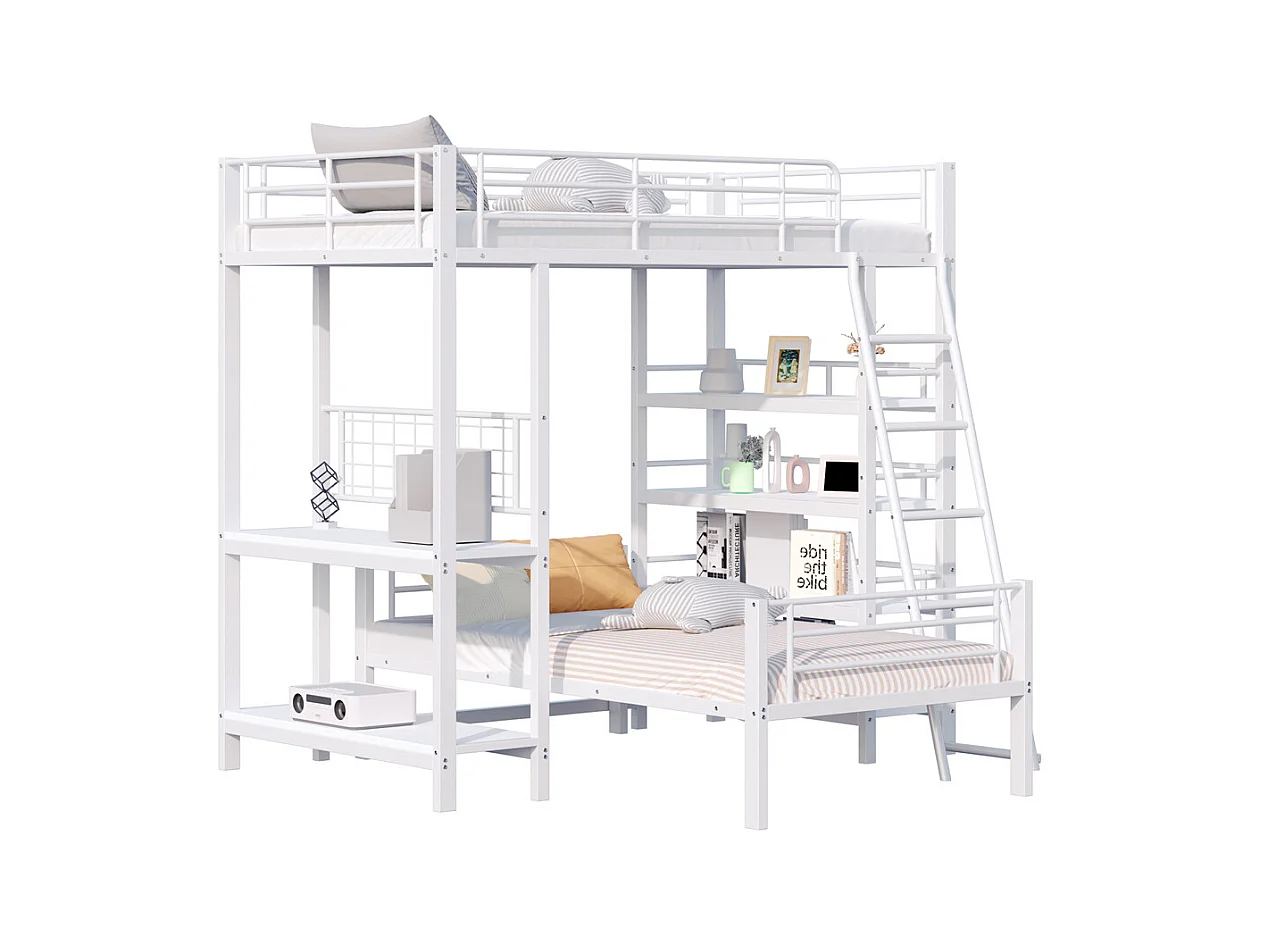 Lit jeune lit 90x200cm lit superposé avec compartiments de rangement métal blanc