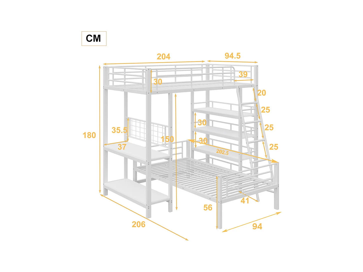 Lit jeune lit 90x200cm lit superposé avec compartiments de rangement métal blanc