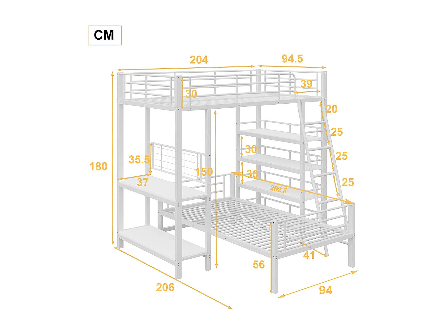 Lit jeune lit 90x200cm lit superposé avec compartiments de rangement métal blanc