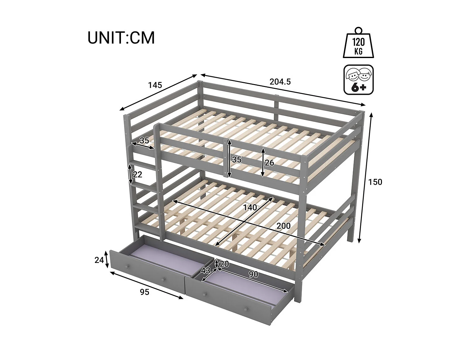 Lit jeune lit 140x200 cm lit superposé avec tiroirs lit simple pin gris