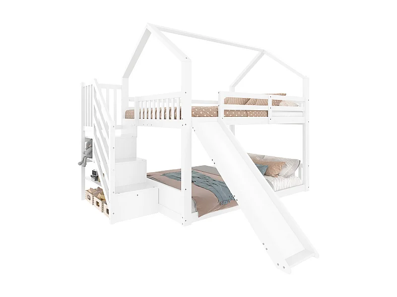 Lit superposé 140x200cm, lit cabane enfant avec escalier de rangement, rambarde et toboggan, Pin, Blanc, Sans matelas