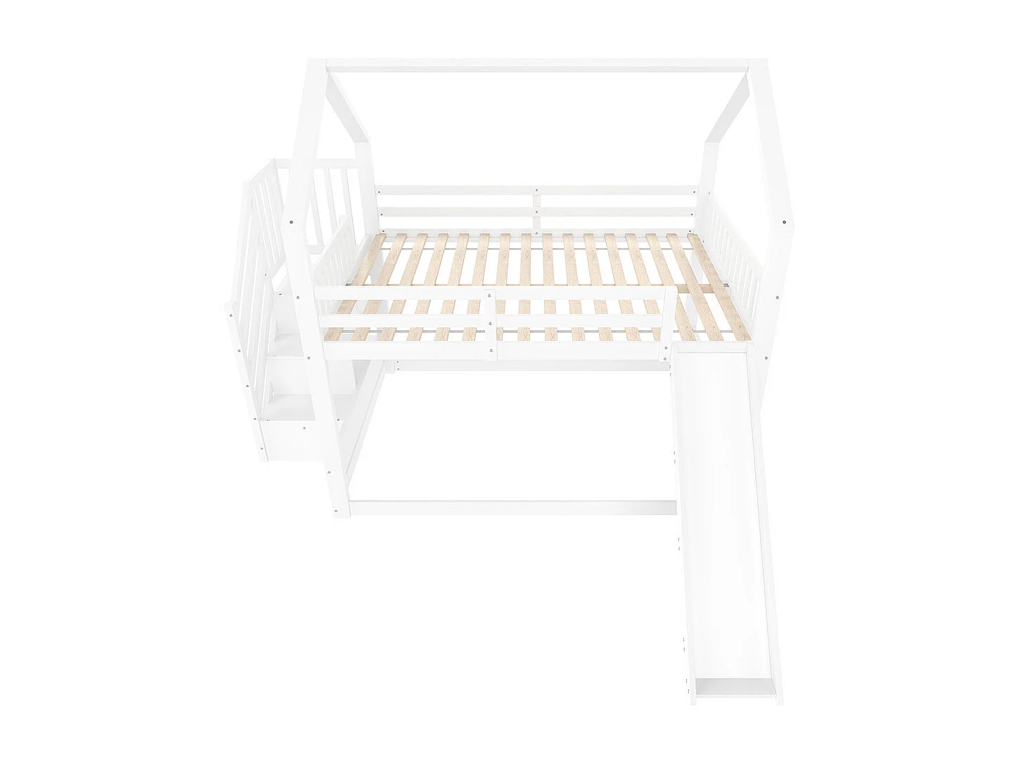 Lit superposé 140x200cm, lit cabane enfant avec escalier de rangement, rambarde et toboggan, Pin, Blanc, Sans matelas