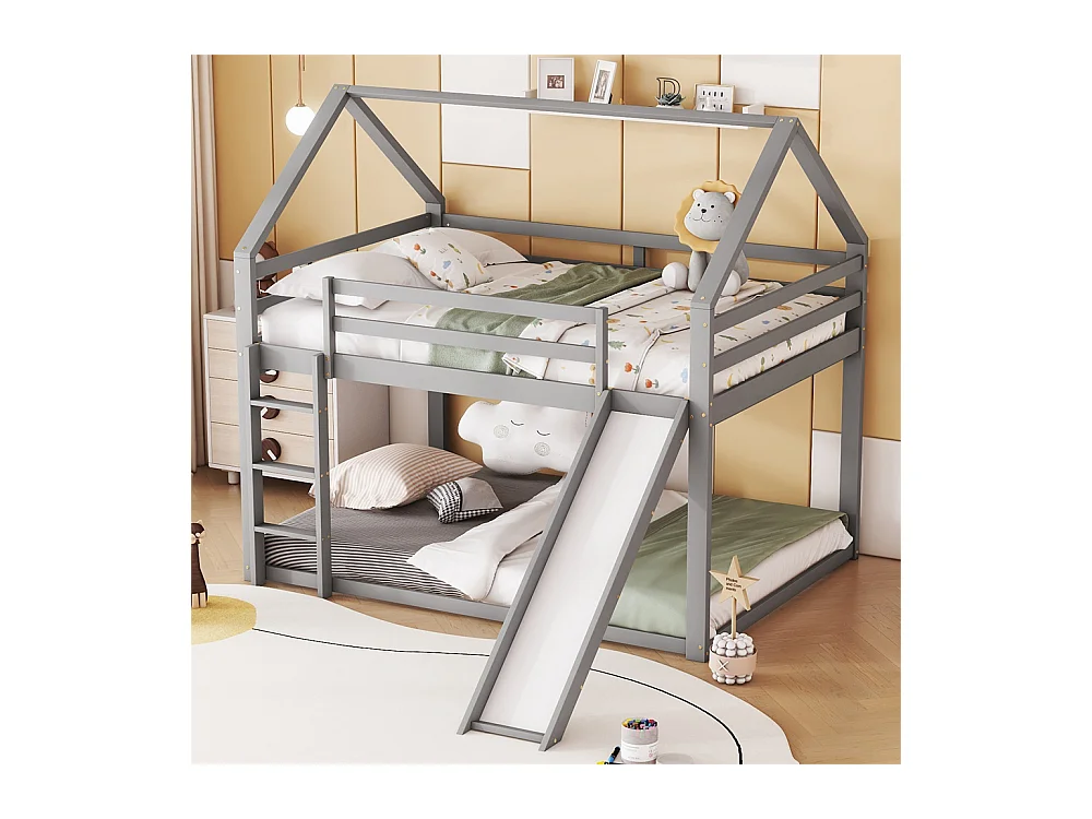 Lit d'enfant 140x200cm en bois de pin massif - lit de maison - avec toboggan et échelle - gris