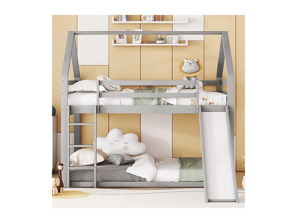 Lit d'enfant 140x200cm en bois de pin massif - lit de maison - avec toboggan et échelle - gris