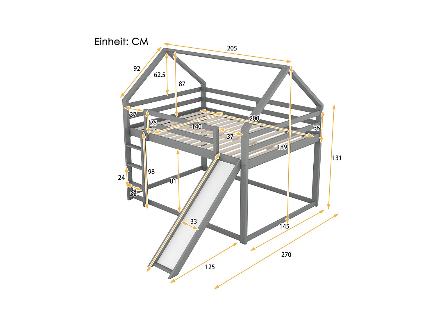 Lit d'enfant 140x200cm en bois de pin massif - lit de maison - avec toboggan et échelle - gris