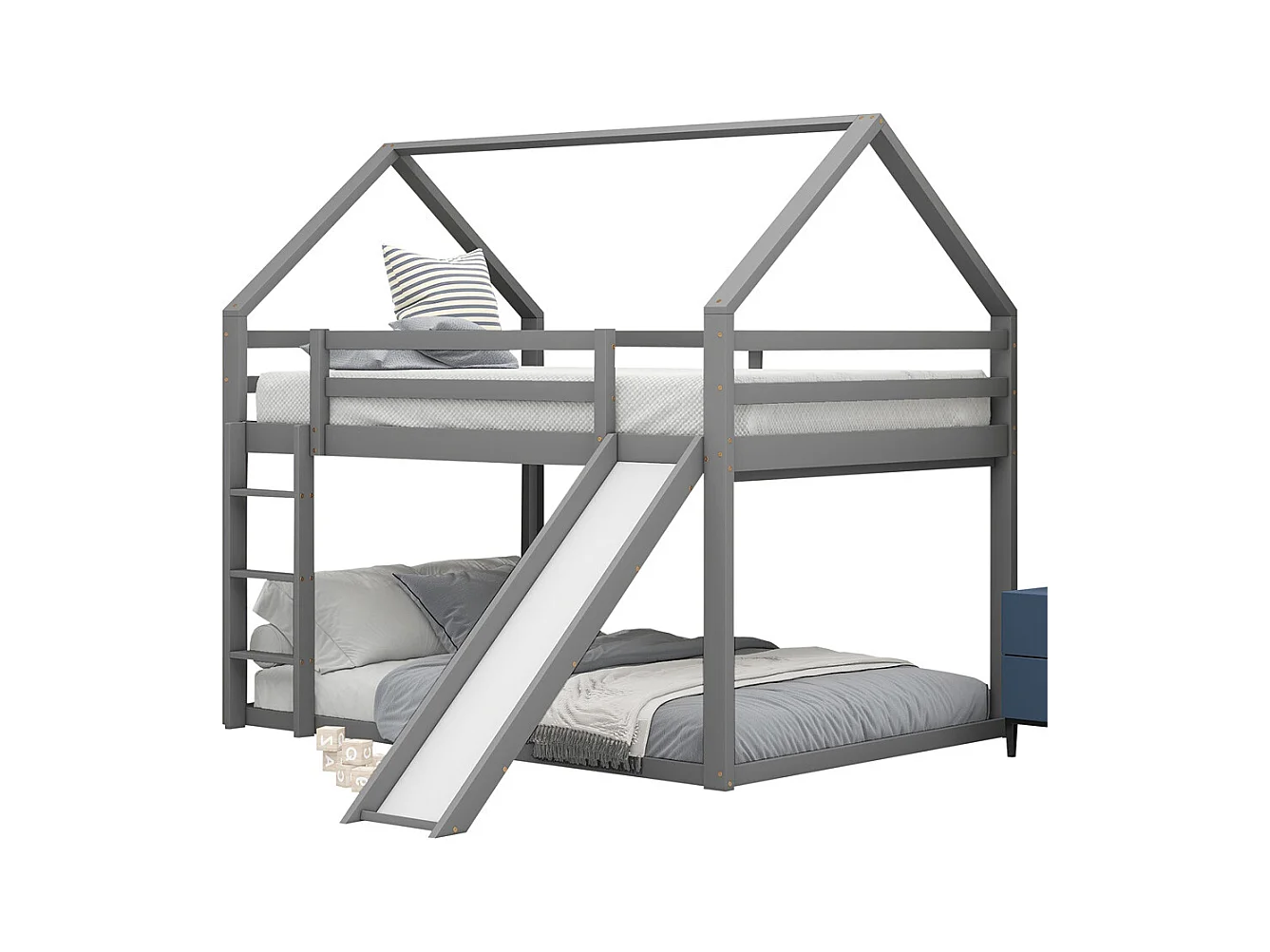 Lit d'enfant 140x200cm en bois de pin massif - lit de maison - avec toboggan et échelle - gris