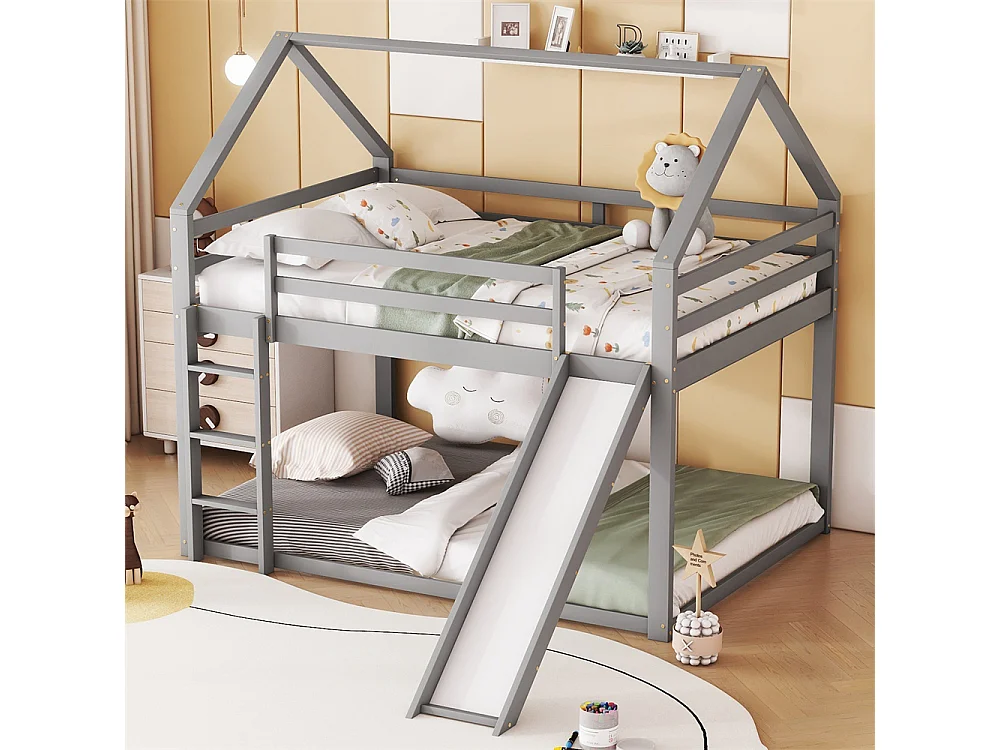 Lit d'enfant 140x200cm en bois de pin massif - lit de maison - avec toboggan et échelle - gris