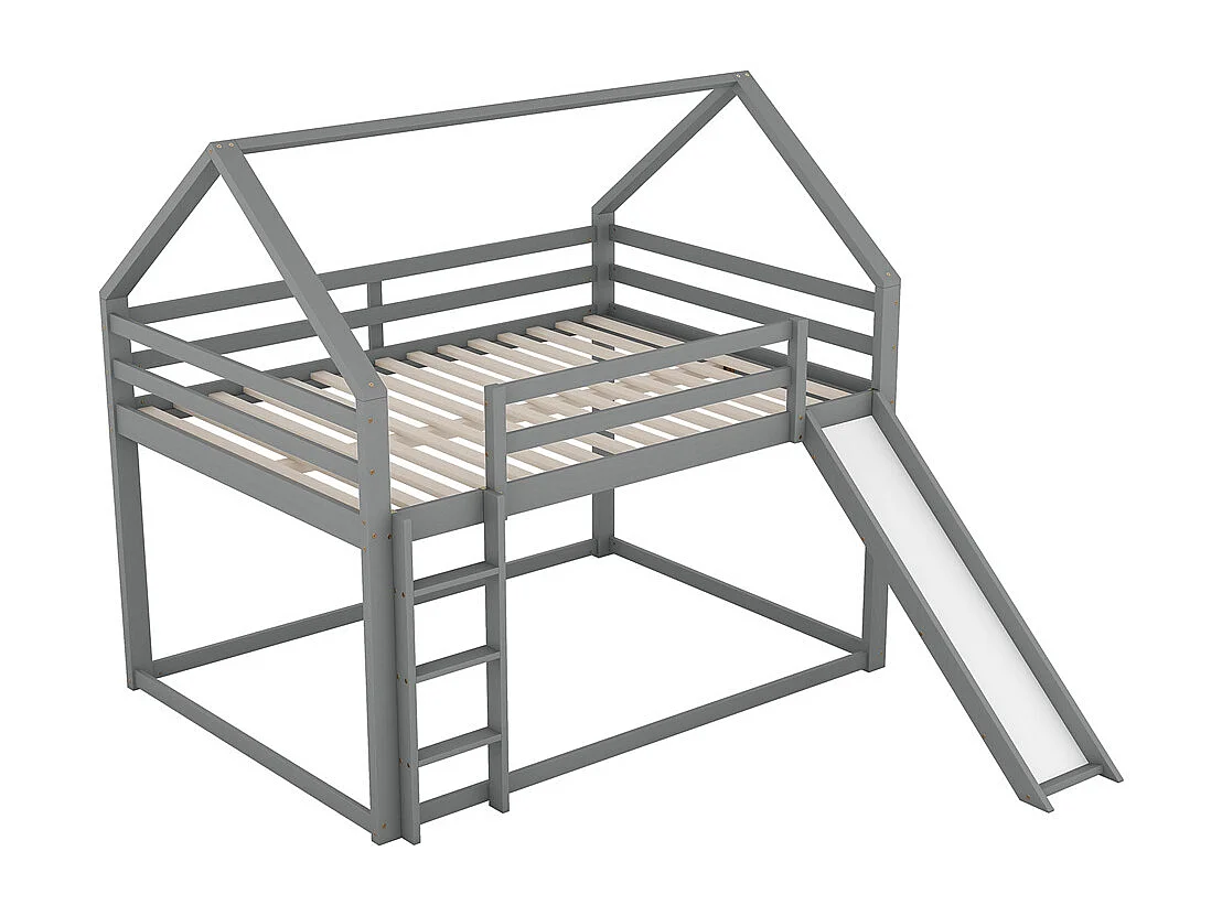 Lit d'enfant 140x200cm en bois de pin massif - lit de maison - avec toboggan et échelle - gris