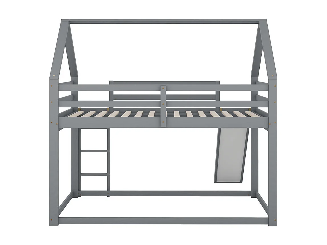 Lit d'enfant 140x200cm en bois de pin massif - lit de maison - avec toboggan et échelle - gris