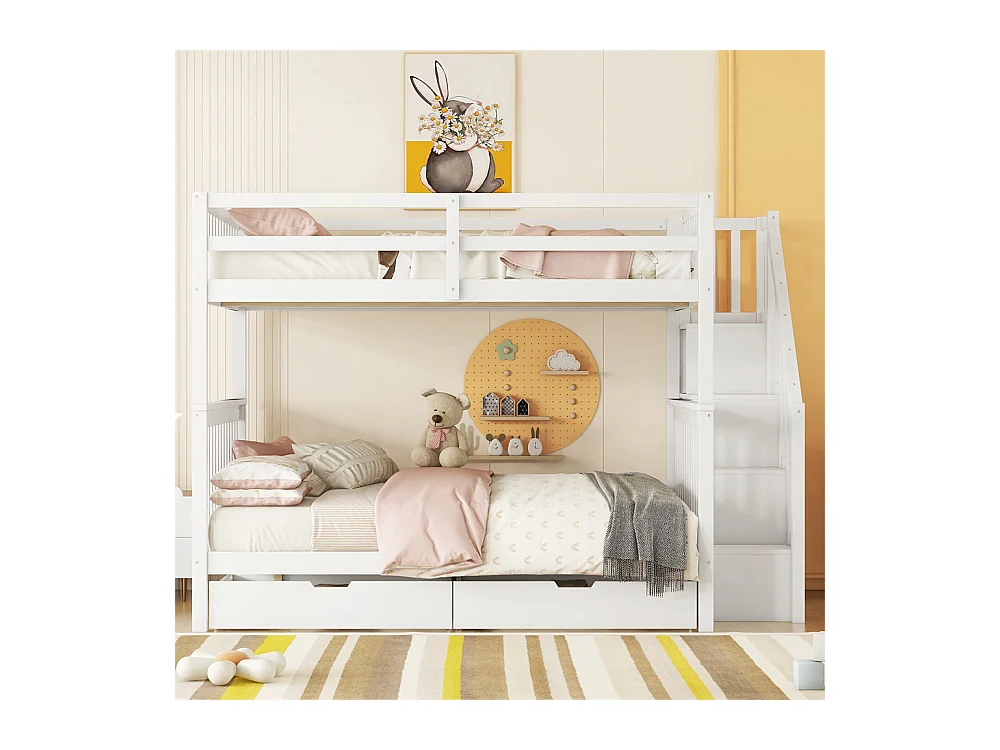 Lit jeune lit 140x200 cm lit superposé lit étagère d'escalier lit deux tiroirs lit simple pin blanc