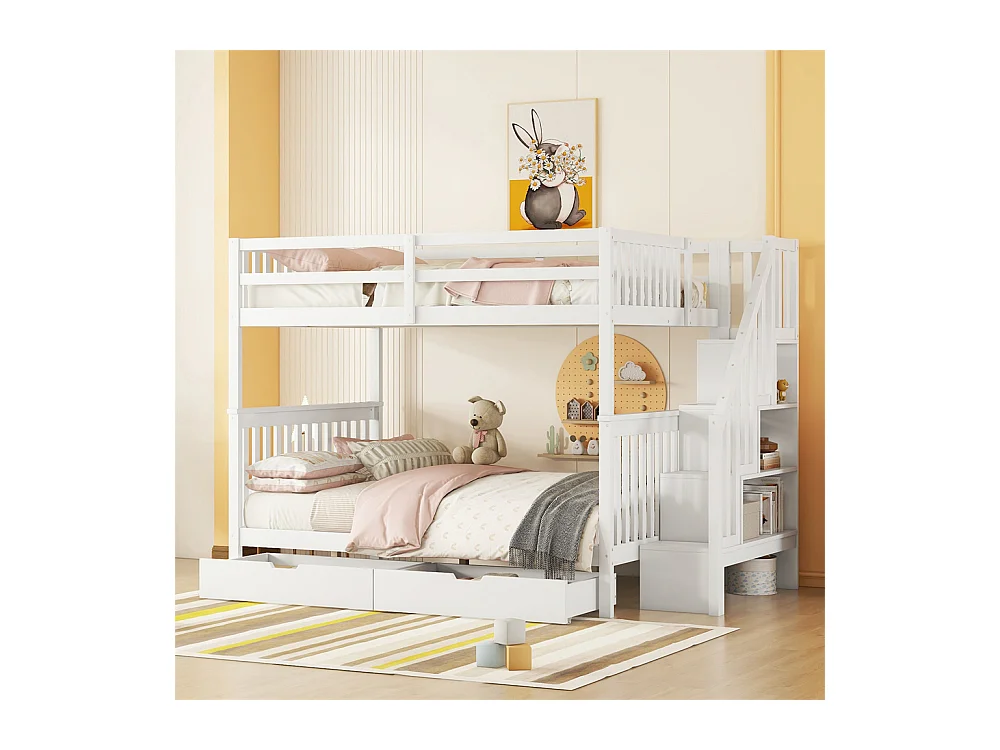 Lit jeune lit 140x200 cm lit superposé lit étagère d'escalier lit deux tiroirs lit simple pin blanc