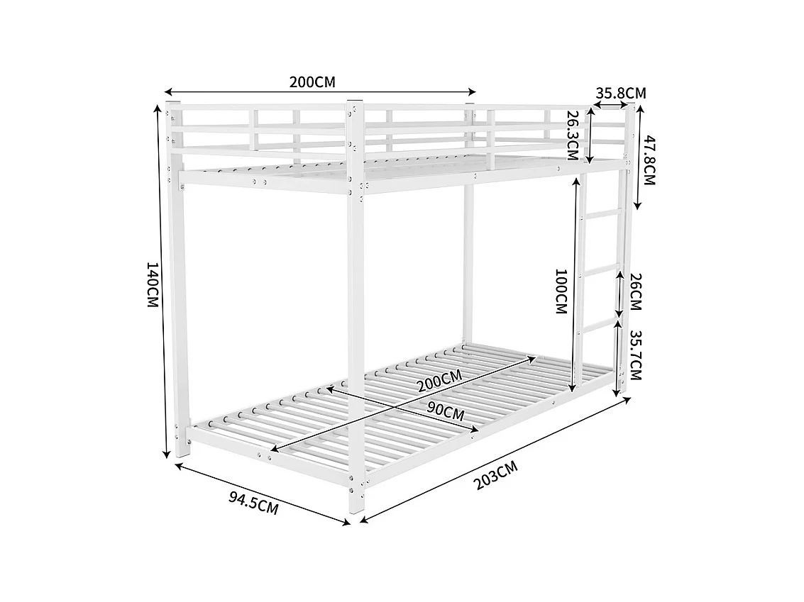 Lit jeune lit 90x200 cm lit en fer lit superposé lit simple métal blanc