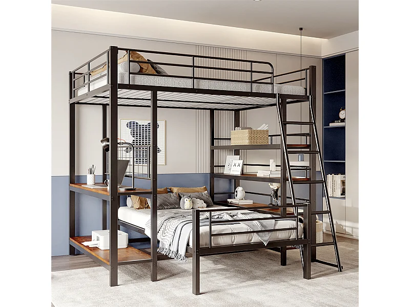 Lit jeune lit 140x200cm lit superposé avec compartiments de rangement métal noir