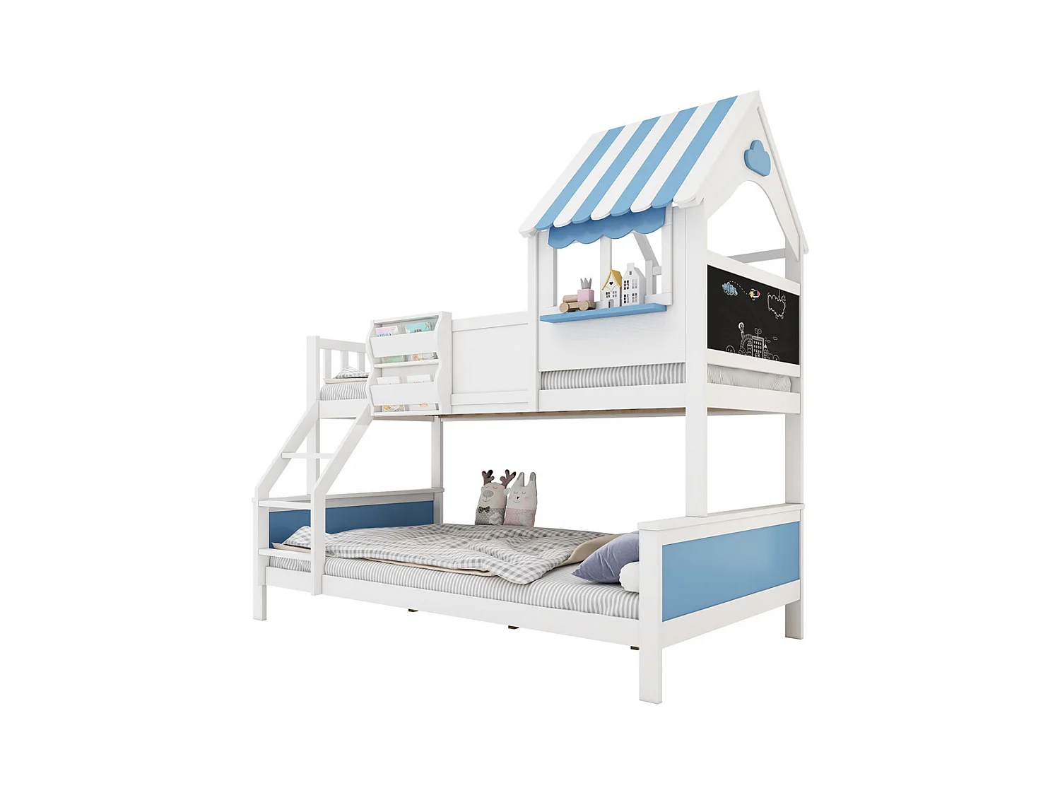 Lit superposé 90x200cm + 120x200cm, lit enfant, avec coffre de rangement, avec échelle inclinée à trois marches, blanc + bleu