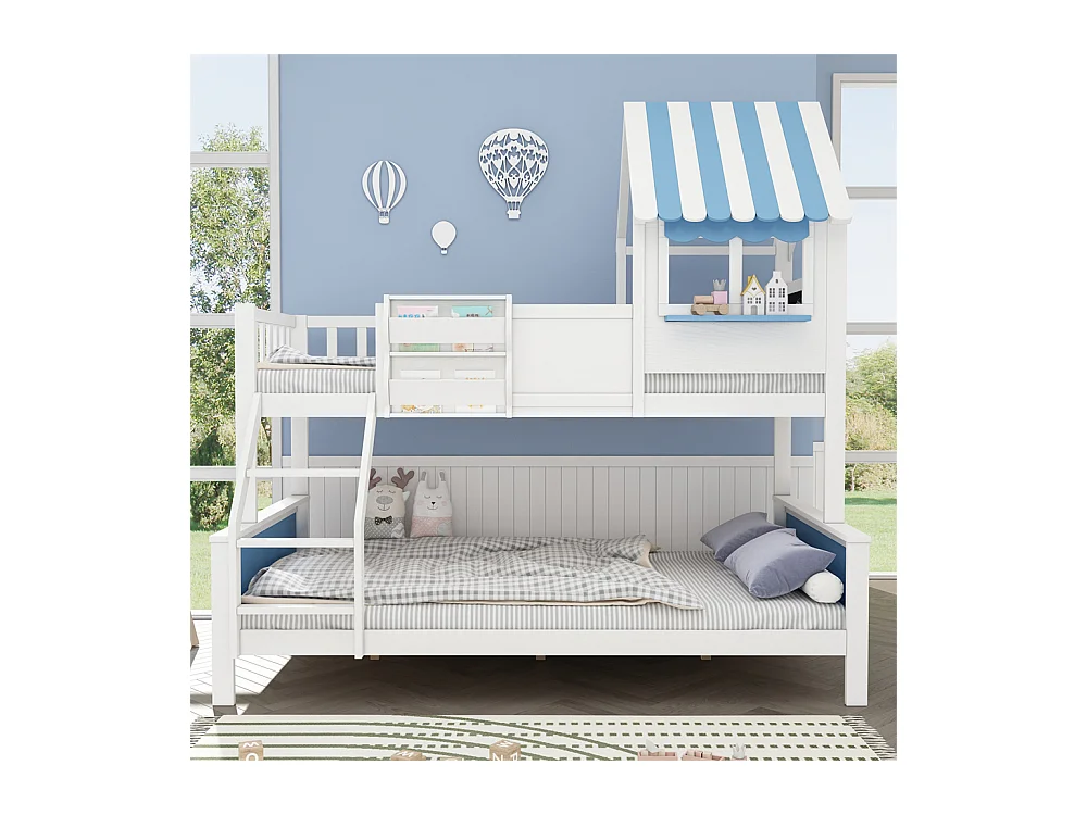 Lit superposé 90x200cm + 120x200cm, lit enfant, avec coffre de rangement, avec échelle inclinée à trois marches, blanc + bleu