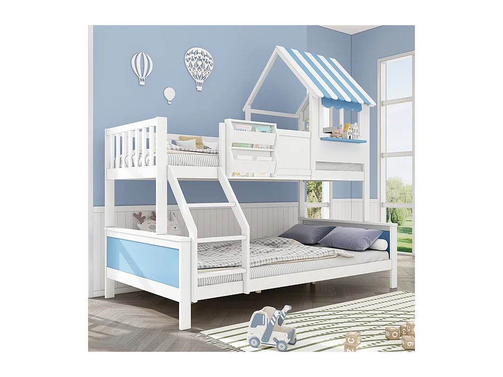 Lit superposé 90x200cm + 120x200cm, lit enfant, avec coffre de rangement, avec échelle inclinée à trois marches, blanc + bleu