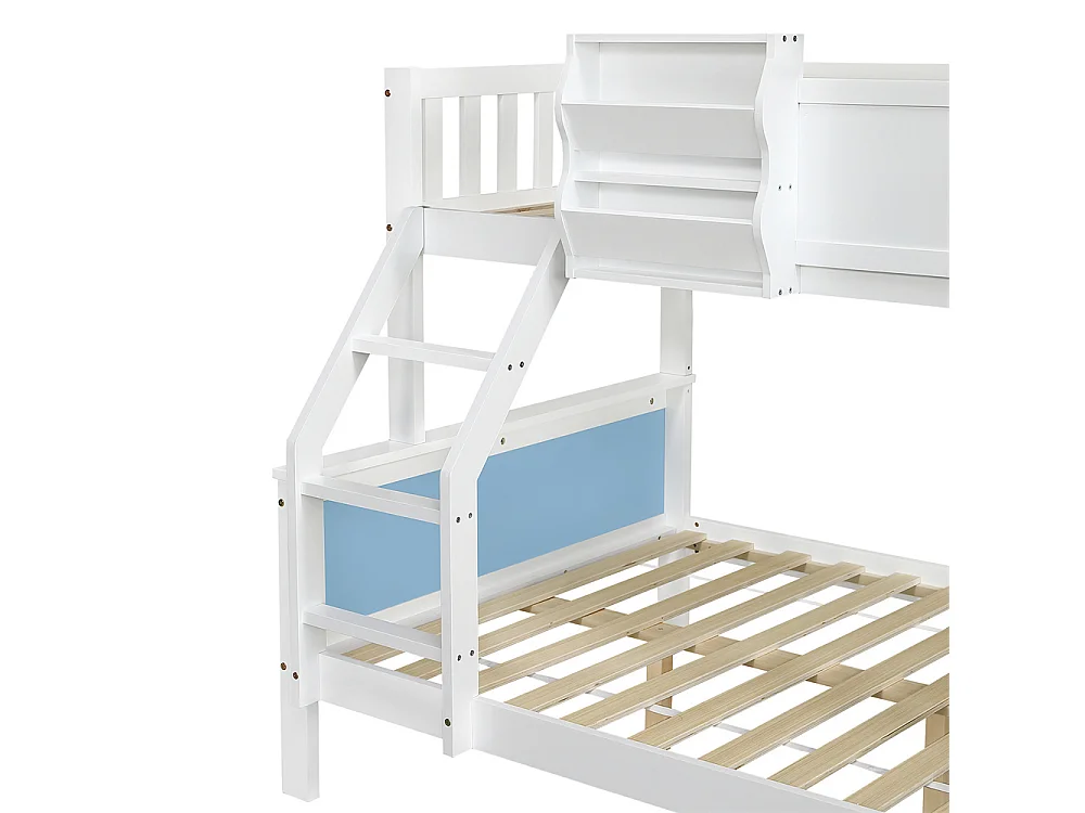 Lit superposé 90x200cm + 120x200cm, lit enfant, avec coffre de rangement, avec échelle inclinée à trois marches, blanc + bleu
