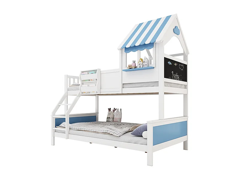 Lit superposé 90x200cm + 120x200cm, lit enfant, avec coffre de rangement, avec échelle inclinée à trois marches, blanc + bleu