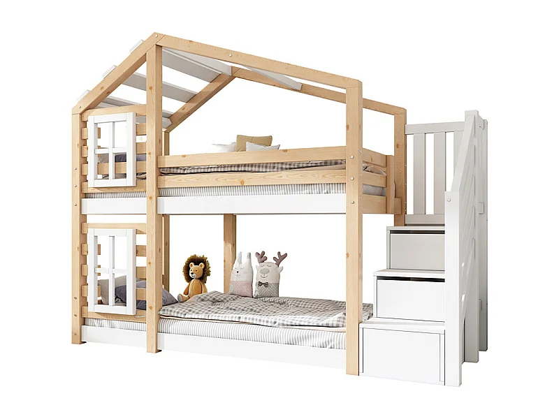 Lit enfant 90x200 cm, lit superposé avec fenêtre, rangement et protection antichute, naturel et blanc – 2x sommiers à lattes, sans matelas