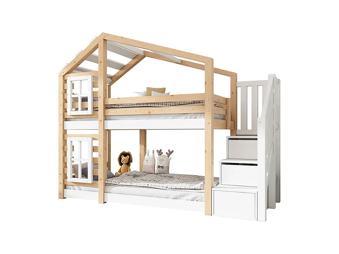 Lit enfant 90x200 cm, lit superposé avec fenêtre, rangement et protection antichute, naturel et blanc – 2x sommiers à lattes, sans matelas