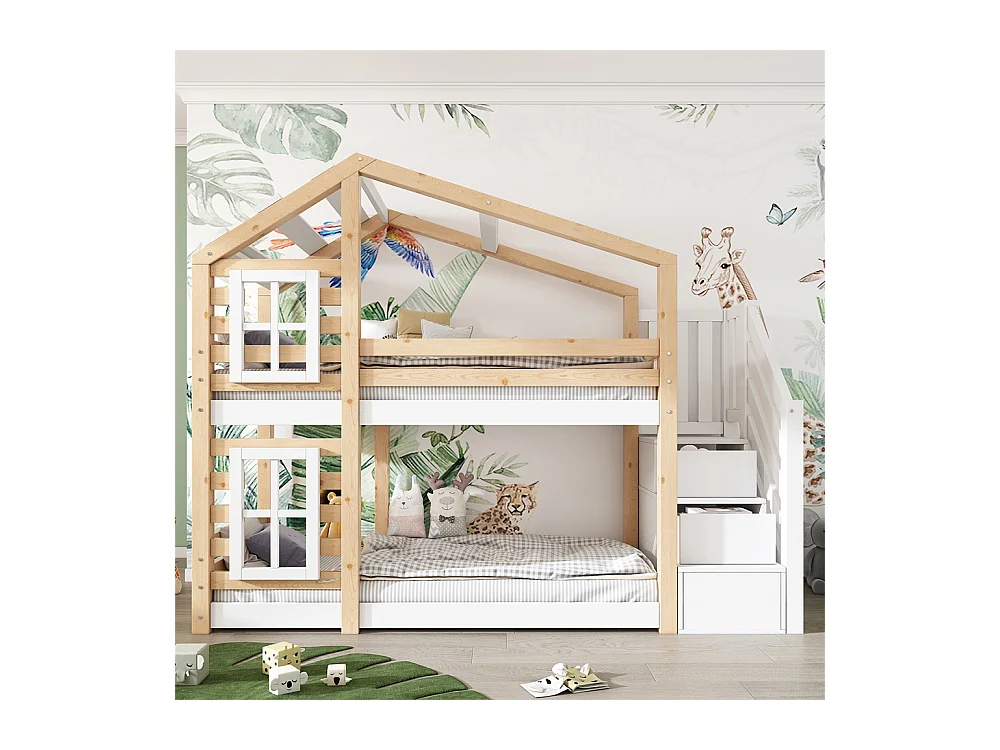 Lit enfant 90x200 cm, lit superposé avec fenêtre, rangement et protection antichute, naturel et blanc – 2x sommiers à lattes, sans matelas