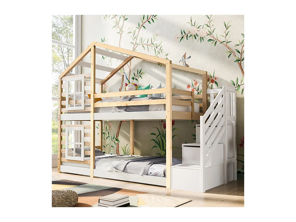 Lit enfant 90x200 cm, lit superposé avec fenêtre, rangement et protection antichute, naturel et blanc – 2x sommiers à lattes, sans matelas