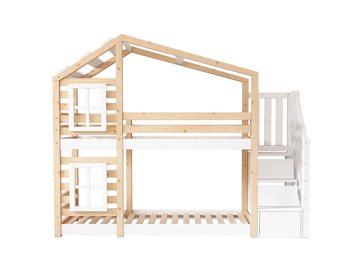 Lit enfant 90x200 cm, lit superposé avec fenêtre, rangement et protection antichute, naturel et blanc – 2x sommiers à lattes, sans matelas