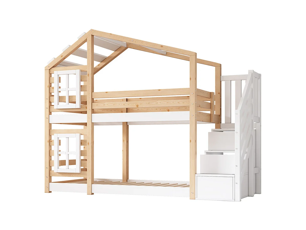 Lit enfant 90x200 cm, lit superposé avec fenêtre, rangement et protection antichute, naturel et blanc – 2x sommiers à lattes, sans matelas