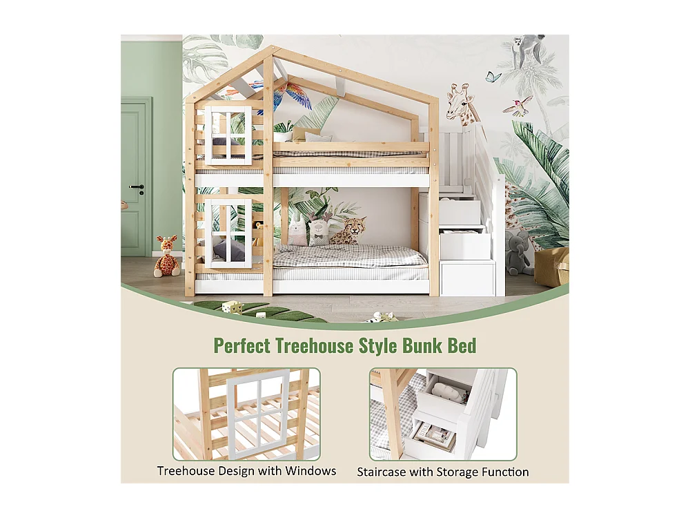 Lit enfant 90x200 cm, lit superposé avec fenêtre, rangement et protection antichute, naturel et blanc – 2x sommiers à lattes, sans matelas