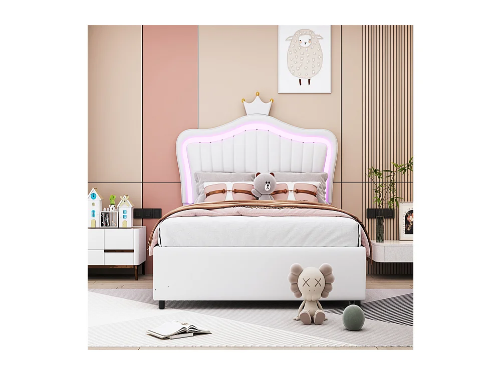 Lit jeune lit 90x200 cm lit rembourré avec tiroirs de rangement lit simple avec lampes led et sommier à lattes cuir pu blanc