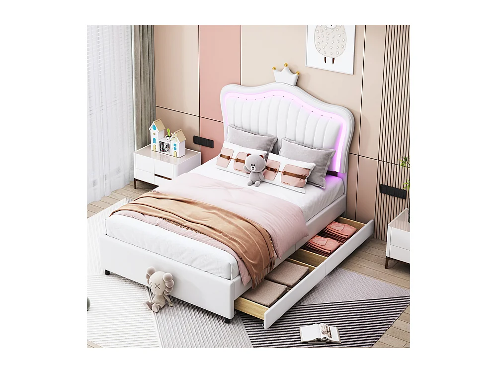 Lit jeune lit 90x200 cm lit rembourré avec tiroirs de rangement lit simple avec lampes led et sommier à lattes cuir pu blanc