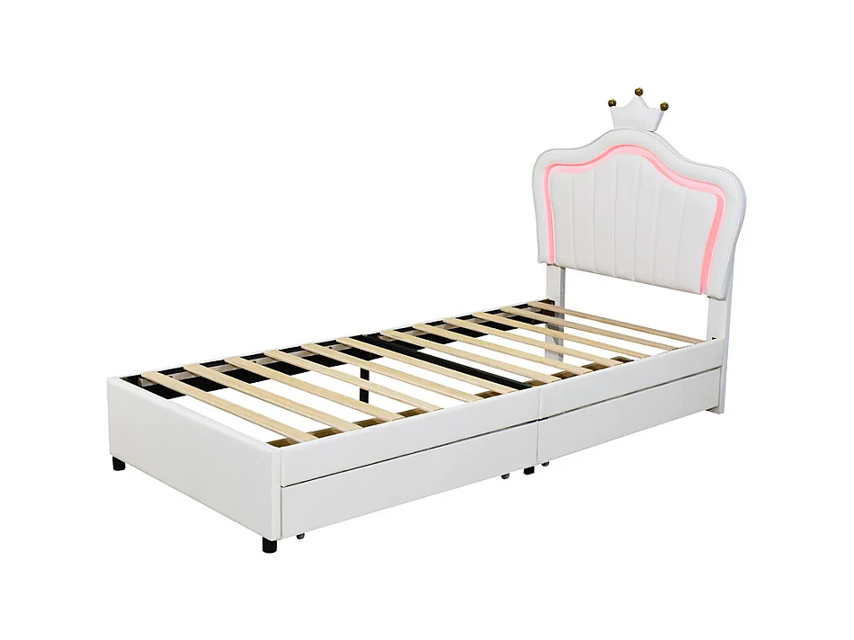 Lit jeune lit 90x200 cm lit rembourré avec tiroirs de rangement lit simple avec lampes led et sommier à lattes cuir pu blanc