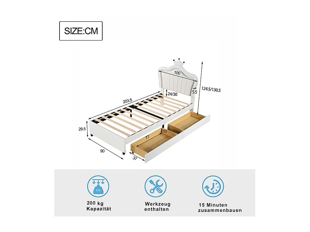 Lit jeune lit 90x200 cm lit rembourré avec tiroirs de rangement lit simple avec lampes led et sommier à lattes cuir pu blanc