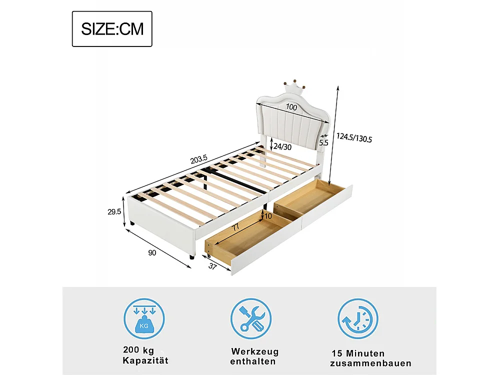 Lit jeune lit 90x200 cm lit rembourré avec tiroirs de rangement lit simple avec lampes led et sommier à lattes cuir pu blanc